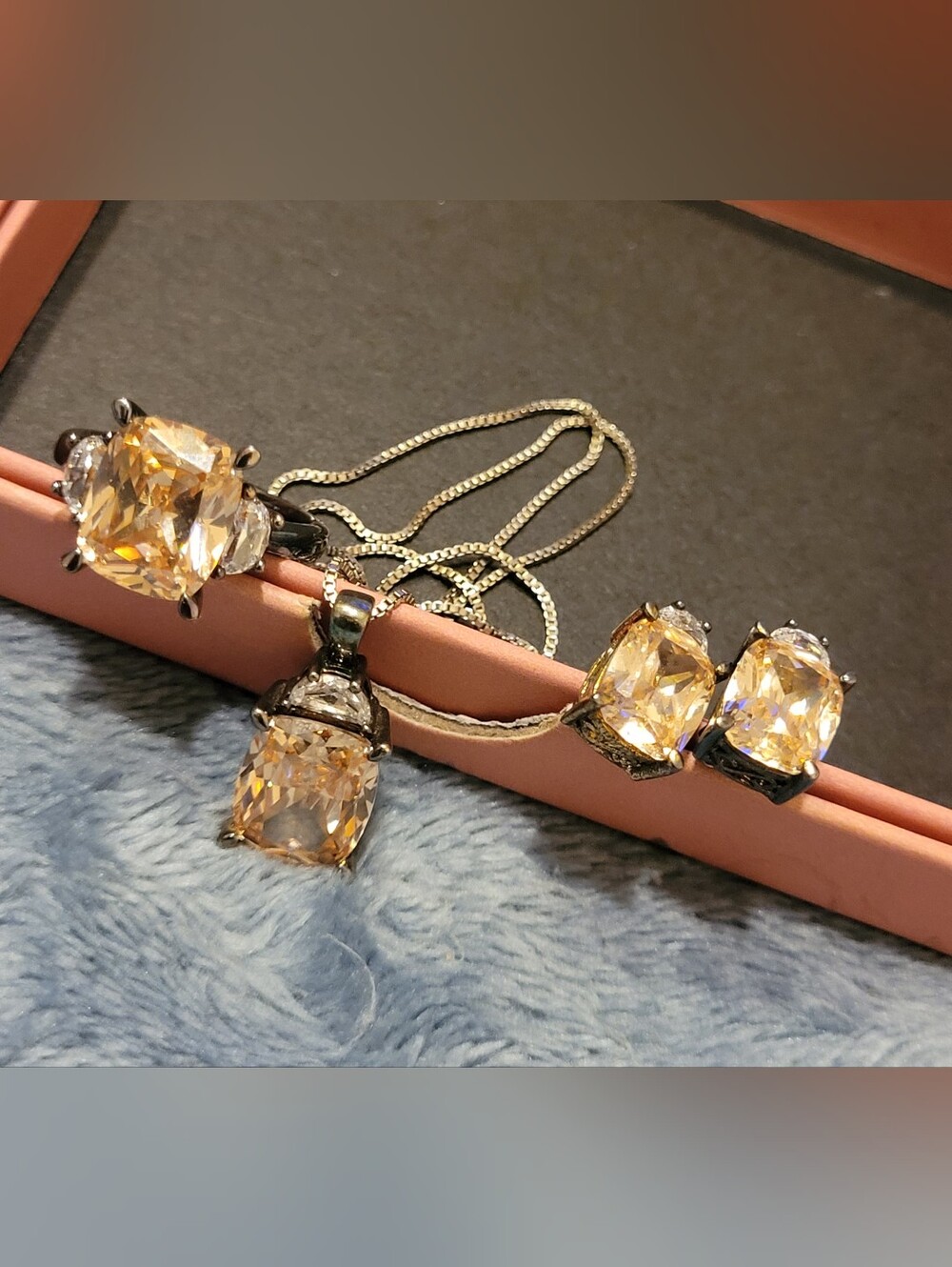 Vintage Stauer .925 Sterling Champagne Citrine Jewelry Set Ring Pendant Earrings